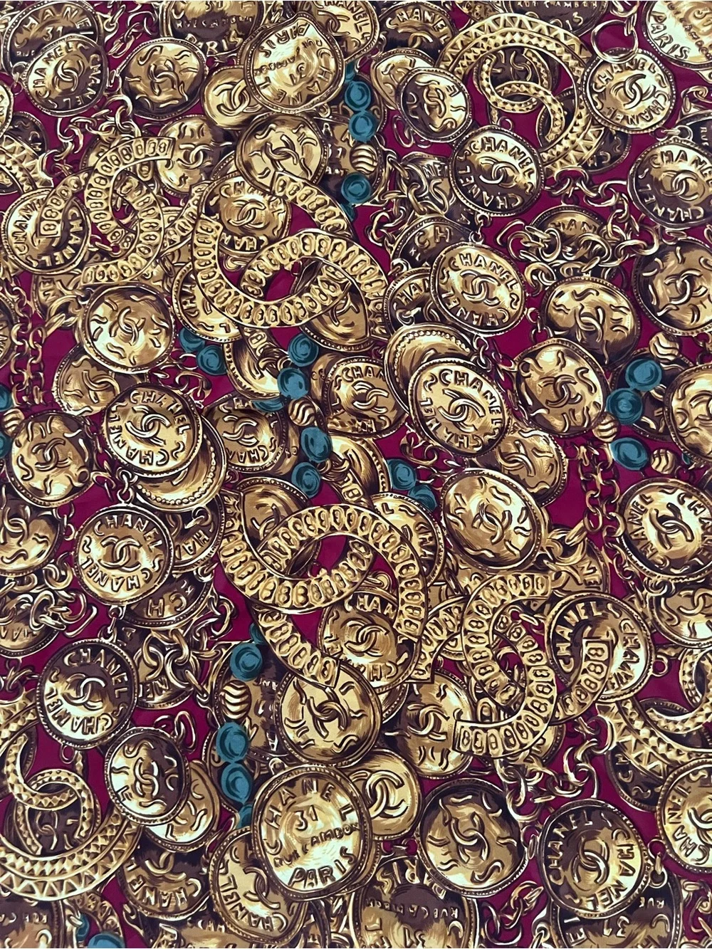 Rare Vintage Chanel Paris Silk Scarf Coin & Chain Print Burgundy Red
